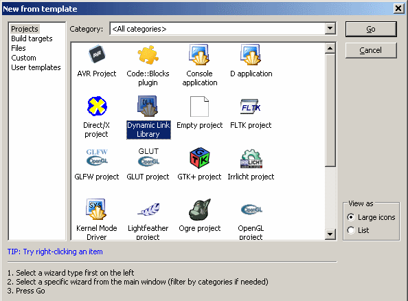 Code::Blocks dll project wizard