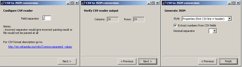 CSV to JSON conversion wizard